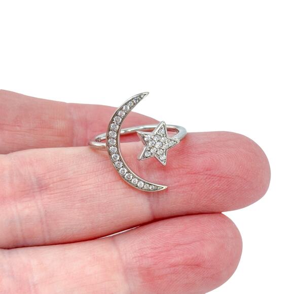 Cubic Zirconia Moon & Star Ring | Vintage Sterling Silver 925 | Celestial | 7.5 - Picture 1 of 9